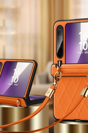 SULADA Elegant Rhombic Texture Folding Phone Case with Lanyard